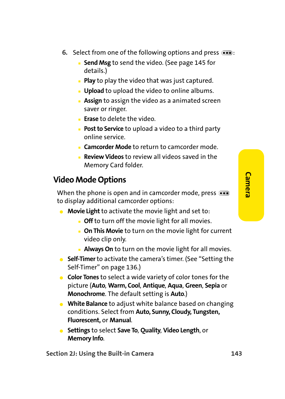Video mode options, Ca m e ra | Samsung MM-A940 User Manual | Page 169 / 287