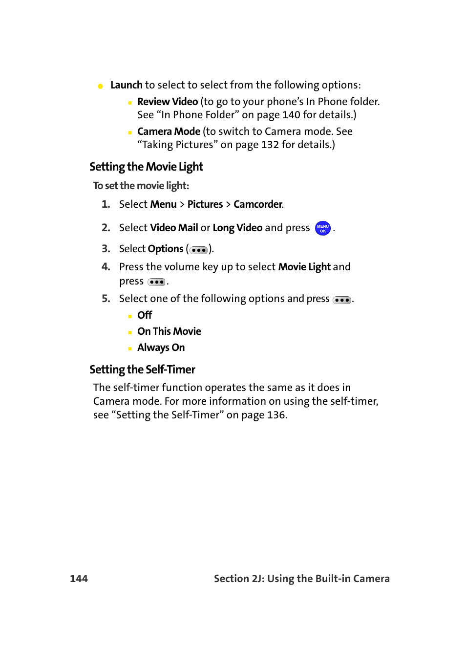 Setting the movie light, Setting the self-timer | Samsung MM-A940 User Manual | Page 170 / 287