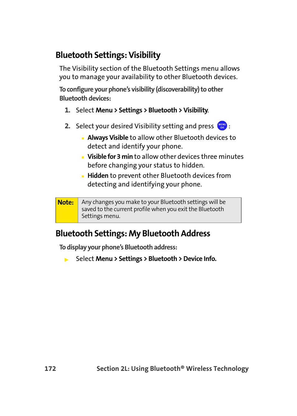 Bluetooth settings: visibility, Bluetooth settings: my bluetooth address | Samsung MM-A940 User Manual | Page 198 / 287