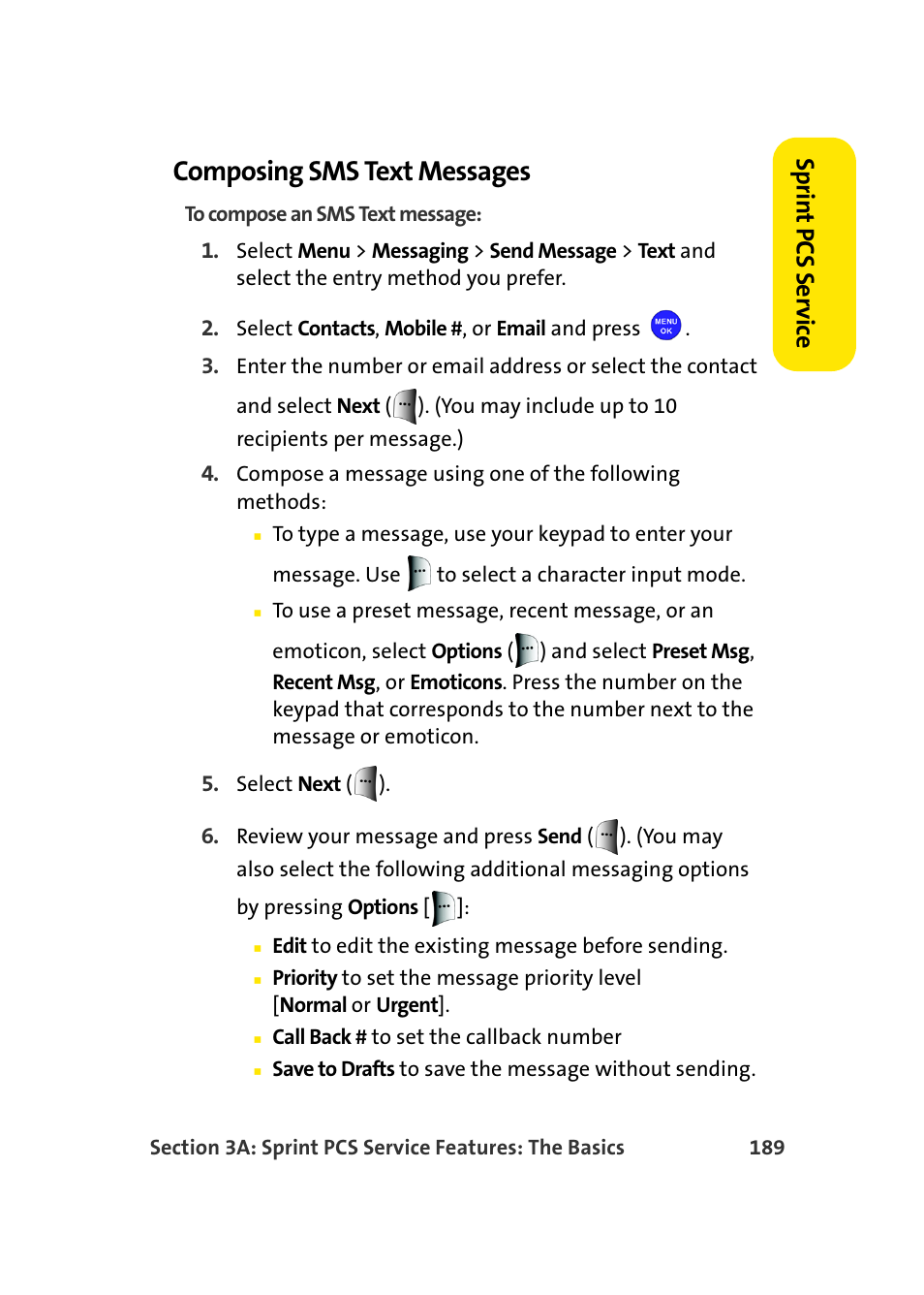Composing sms text messages, Sprin t pcs se rv ice | Samsung MM-A940 User Manual | Page 215 / 287