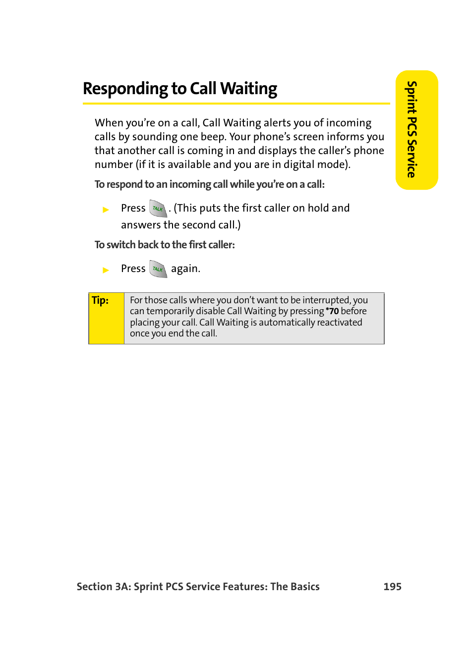 Responding to call waiting, Sprin t pcs se rv ice | Samsung MM-A940 User Manual | Page 221 / 287
