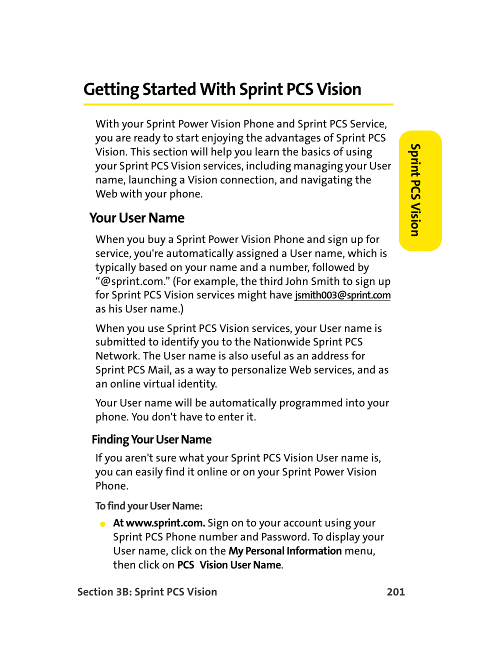 Getting started with sprint pcs vision, Your user name | Samsung MM-A940 User Manual | Page 227 / 287