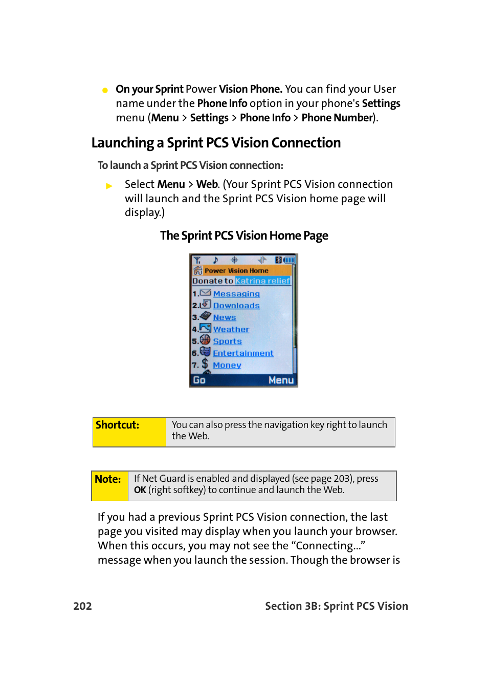 Launching a sprint pcs vision connection, The sprint pcs vision home page | Samsung MM-A940 User Manual | Page 228 / 287