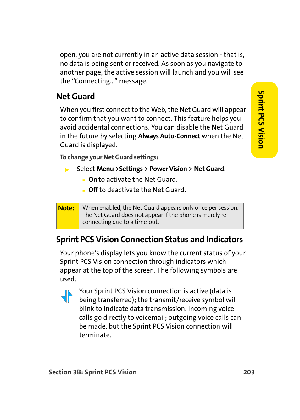 Net guard, Sprint pcs vision connection status and indicators, Spr in t pcs v ision | Samsung MM-A940 User Manual | Page 229 / 287