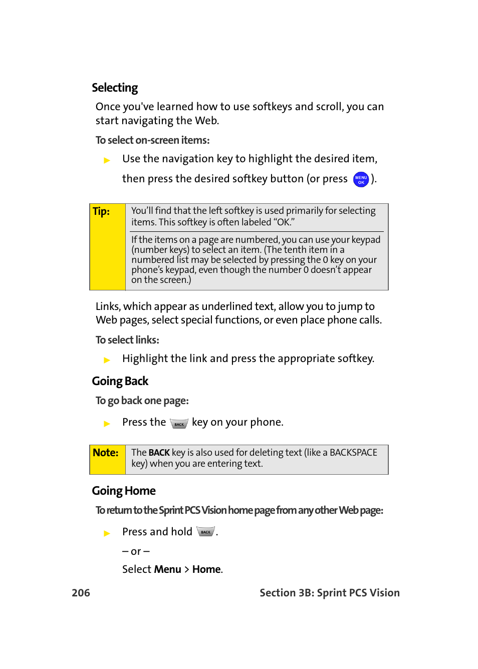 Selecting, Going back, Going home | Samsung MM-A940 User Manual | Page 232 / 287