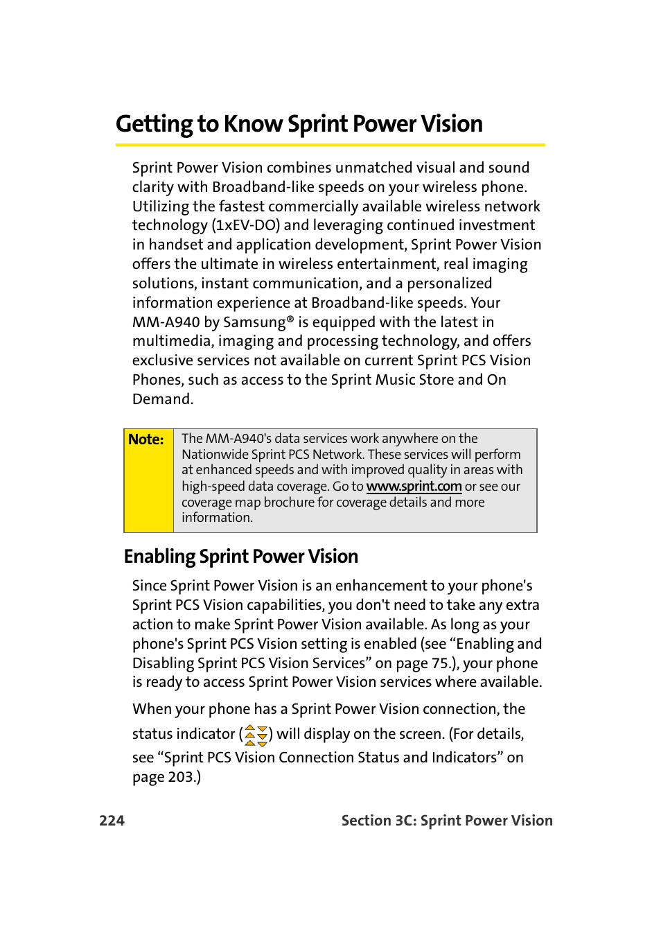 Getting to know sprint power vision, Enabling sprint power vision | Samsung MM-A940 User Manual | Page 250 / 287