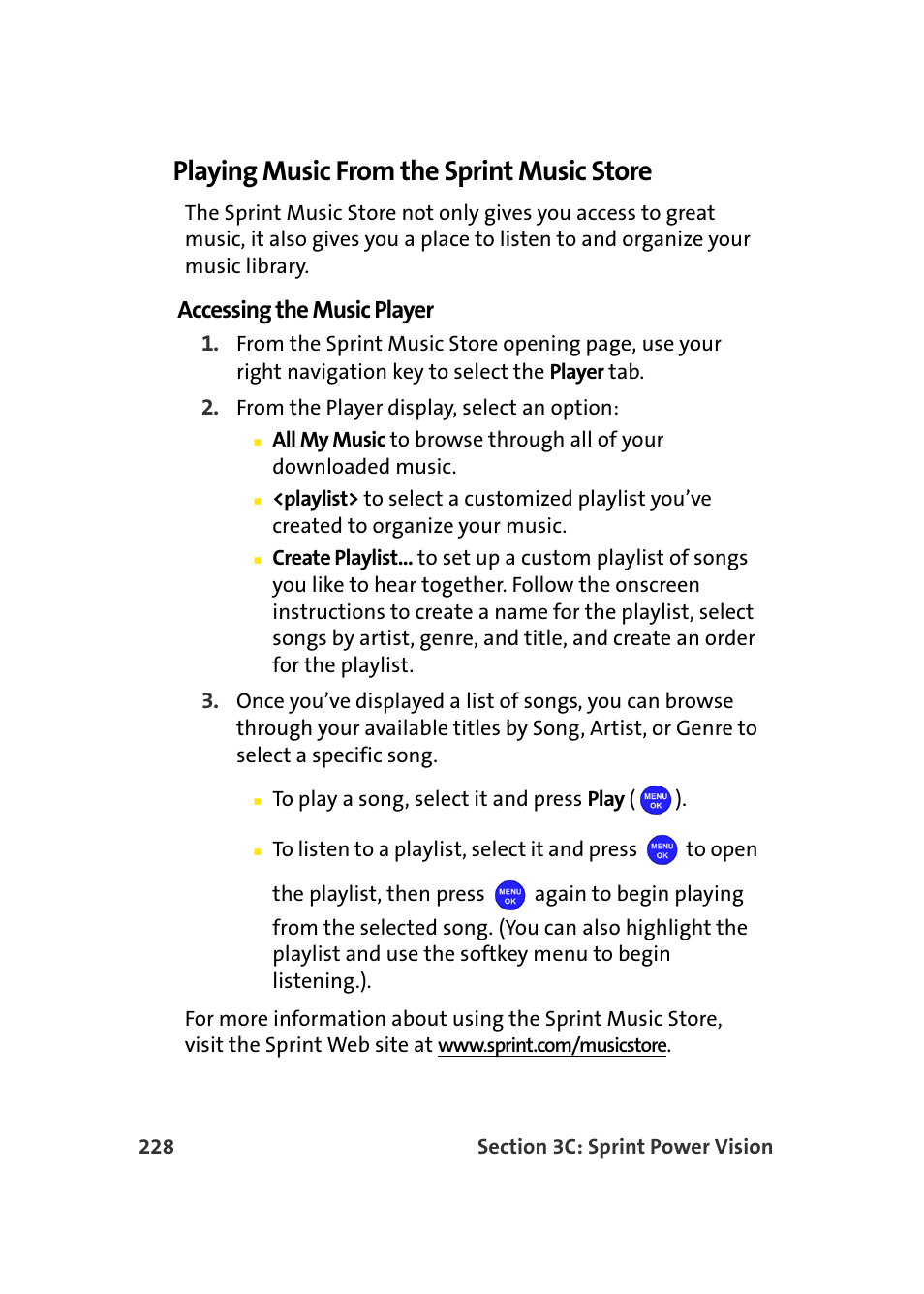 Playing music from the sprint music store, Accessing the music player | Samsung MM-A940 User Manual | Page 254 / 287