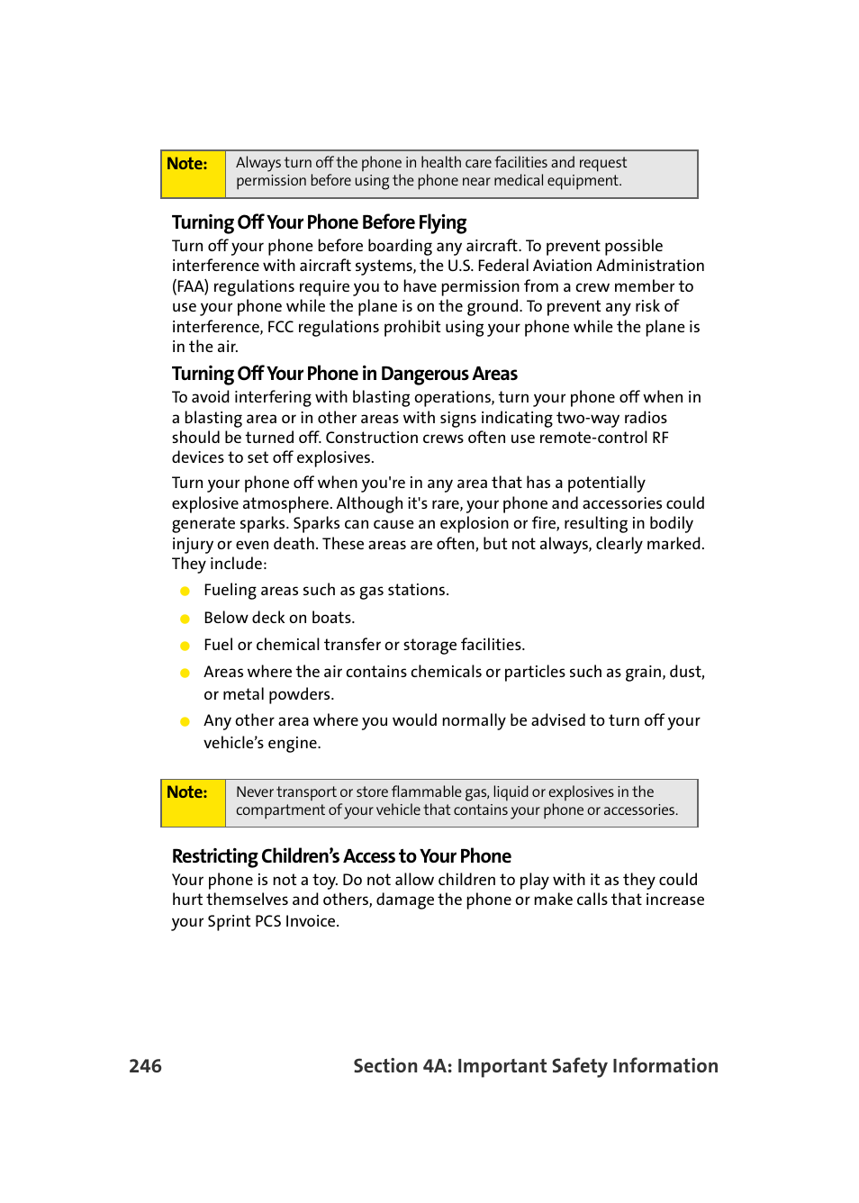 Turning off your phone in dangerous areas, Restricting children’s access to your phone | Samsung MM-A940 User Manual | Page 272 / 287