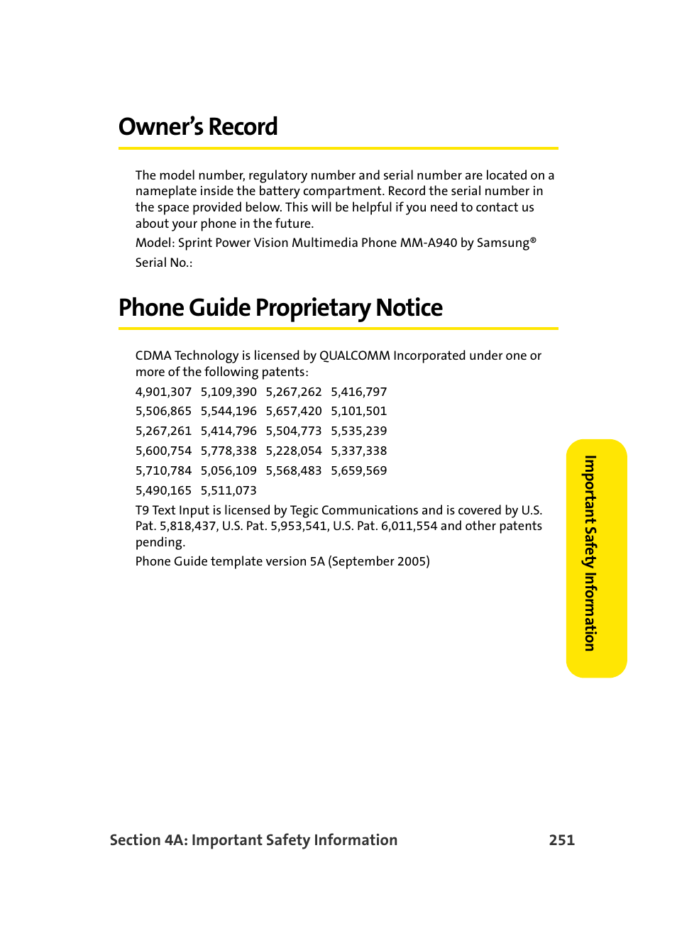 Owner’s record, Phone guide proprietary notice | Samsung MM-A940 User Manual | Page 277 / 287