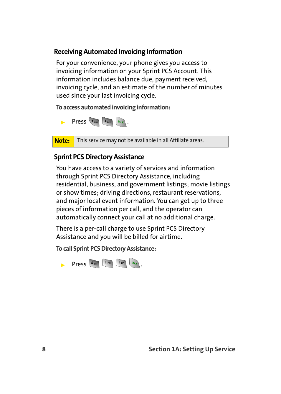 Receiving automated invoicing information, Sprint pcs directory assistance | Samsung MM-A940 User Manual | Page 34 / 287