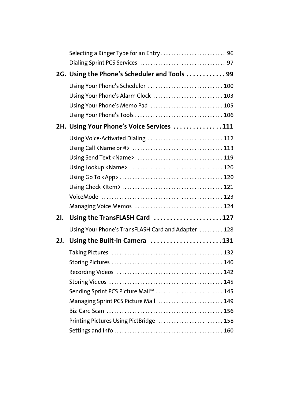 2g. using the phone’s scheduler and tools 99, 2h. using your phone’s voice services 111, 2i. using the transflash card 127 | 2j. using the built-in camera 131 | Samsung MM-A940 User Manual | Page 5 / 287