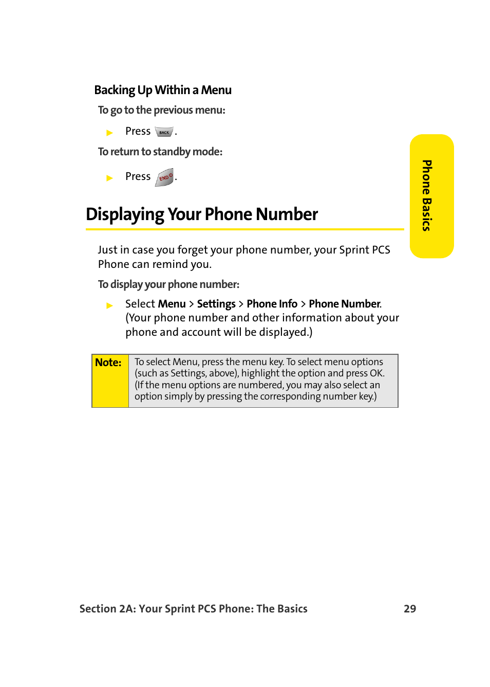Displaying your phone number, Phone basics backing up within a menu | Samsung MM-A940 User Manual | Page 55 / 287