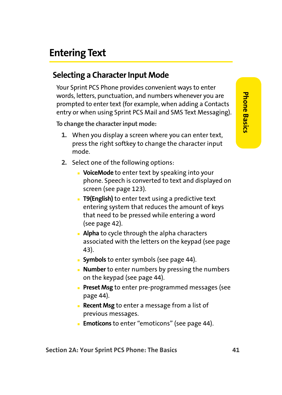 Entering text, Selecting a character input mode, Phone basics | Samsung MM-A940 User Manual | Page 67 / 287