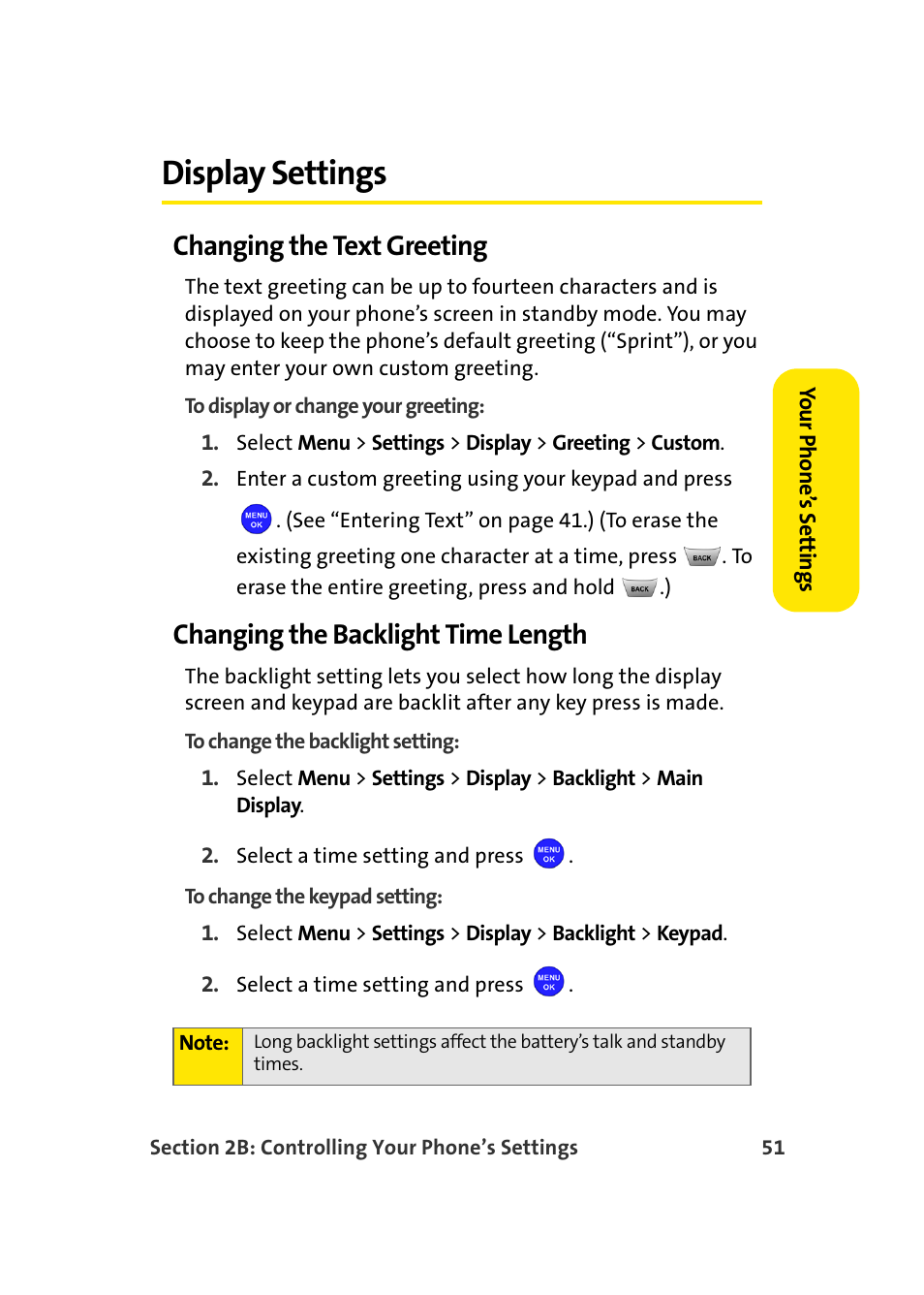 Display settings, Changing the text greeting, Changing the backlight time length | Samsung MM-A940 User Manual | Page 77 / 287