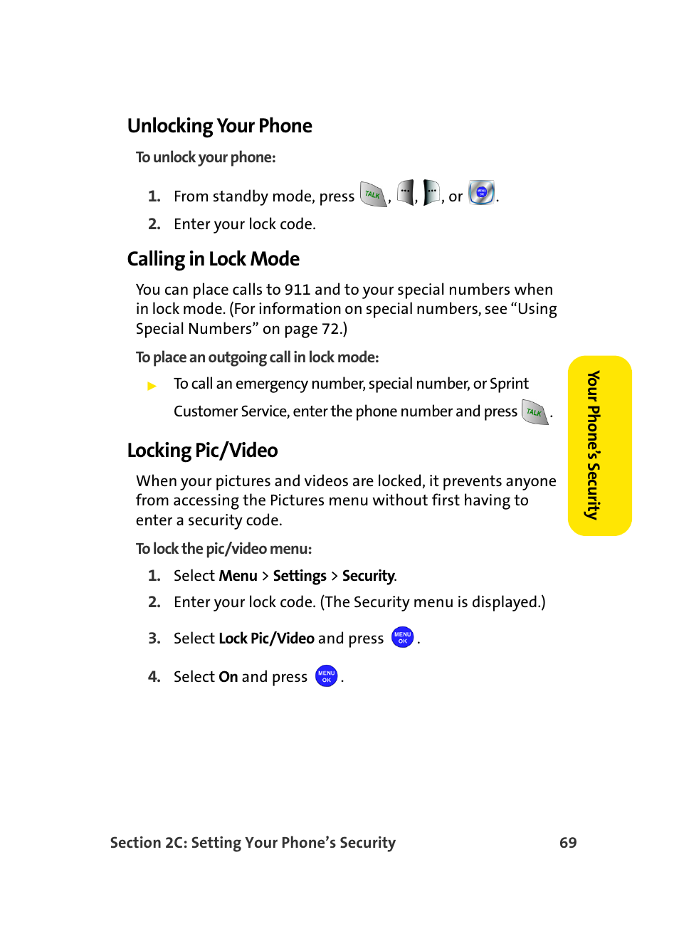 Unlocking your phone, Calling in lock mode, Locking pic/video | Samsung MM-A940 User Manual | Page 95 / 287