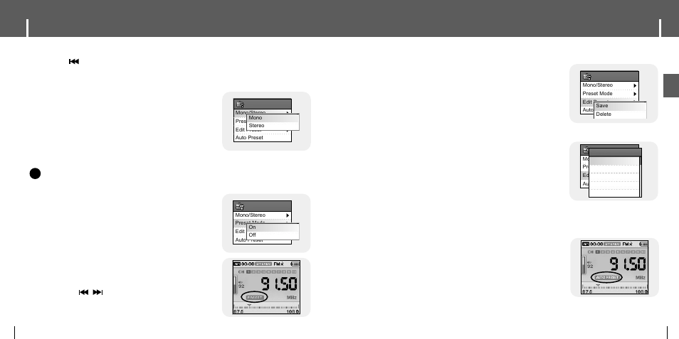 Setting main functions in fm mode, Mono / stereo, Preset mode | Edit preset, Auto preset, Iedit preset 1, Iauto preset, Imono / stereo, Ipreset mode | Samsung YH-J70 User Manual | Page 25 / 45