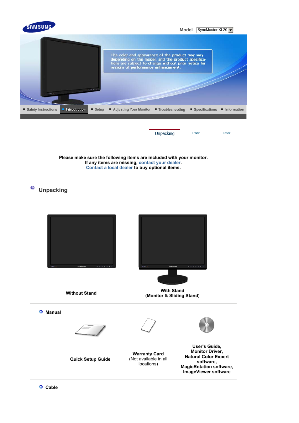 Introduction, Unpacking | Samsung SyncMaster XL20 User Manual | Page 10 / 76