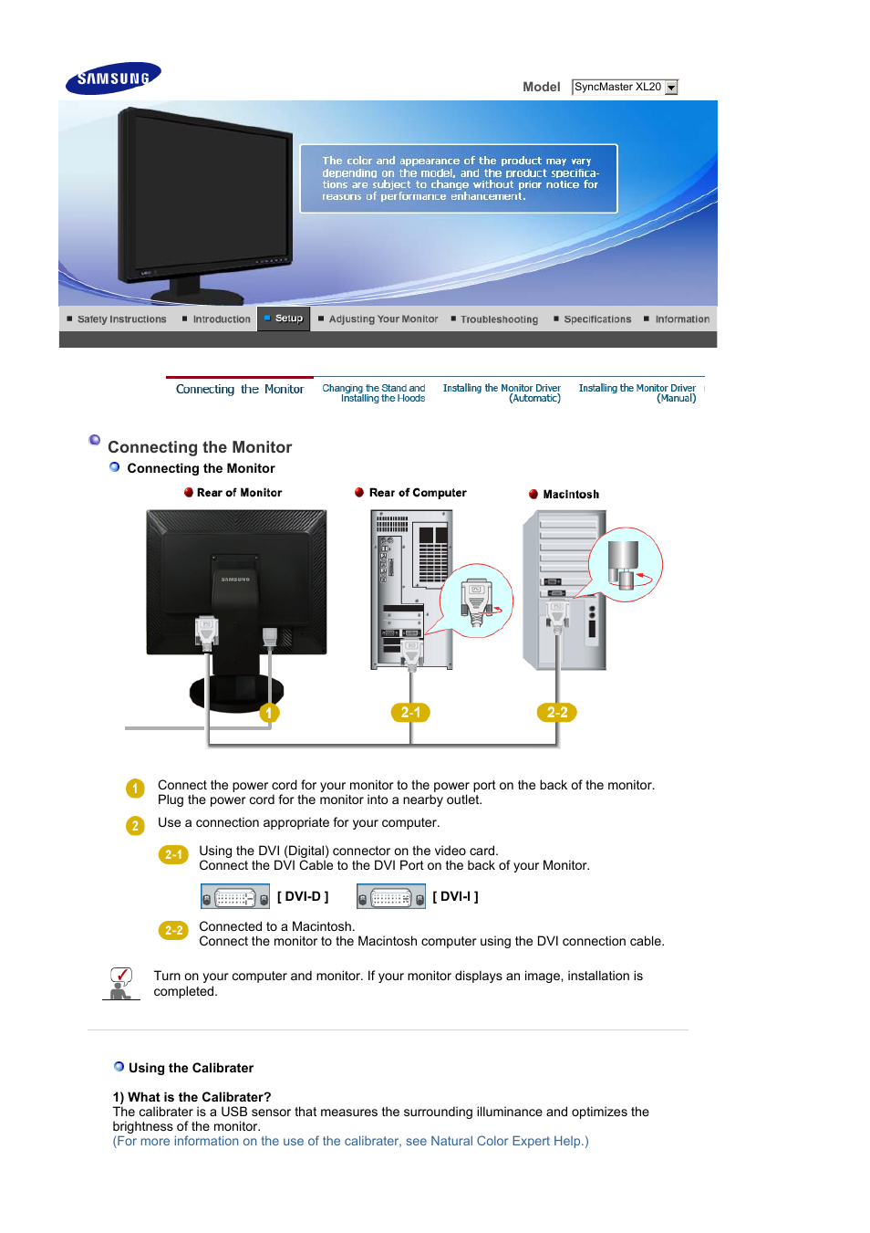 Setup, Connecting the monitor | Samsung SyncMaster XL20 User Manual | Page 15 / 76