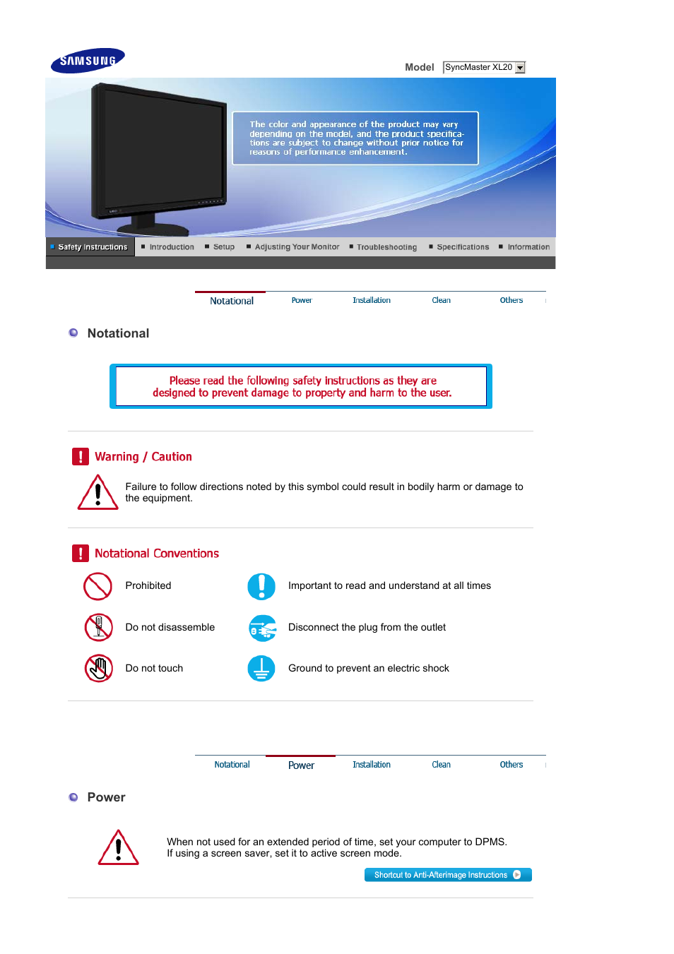Safty instructions, Notational, Power | Samsung SyncMaster XL20 User Manual | Page 2 / 76