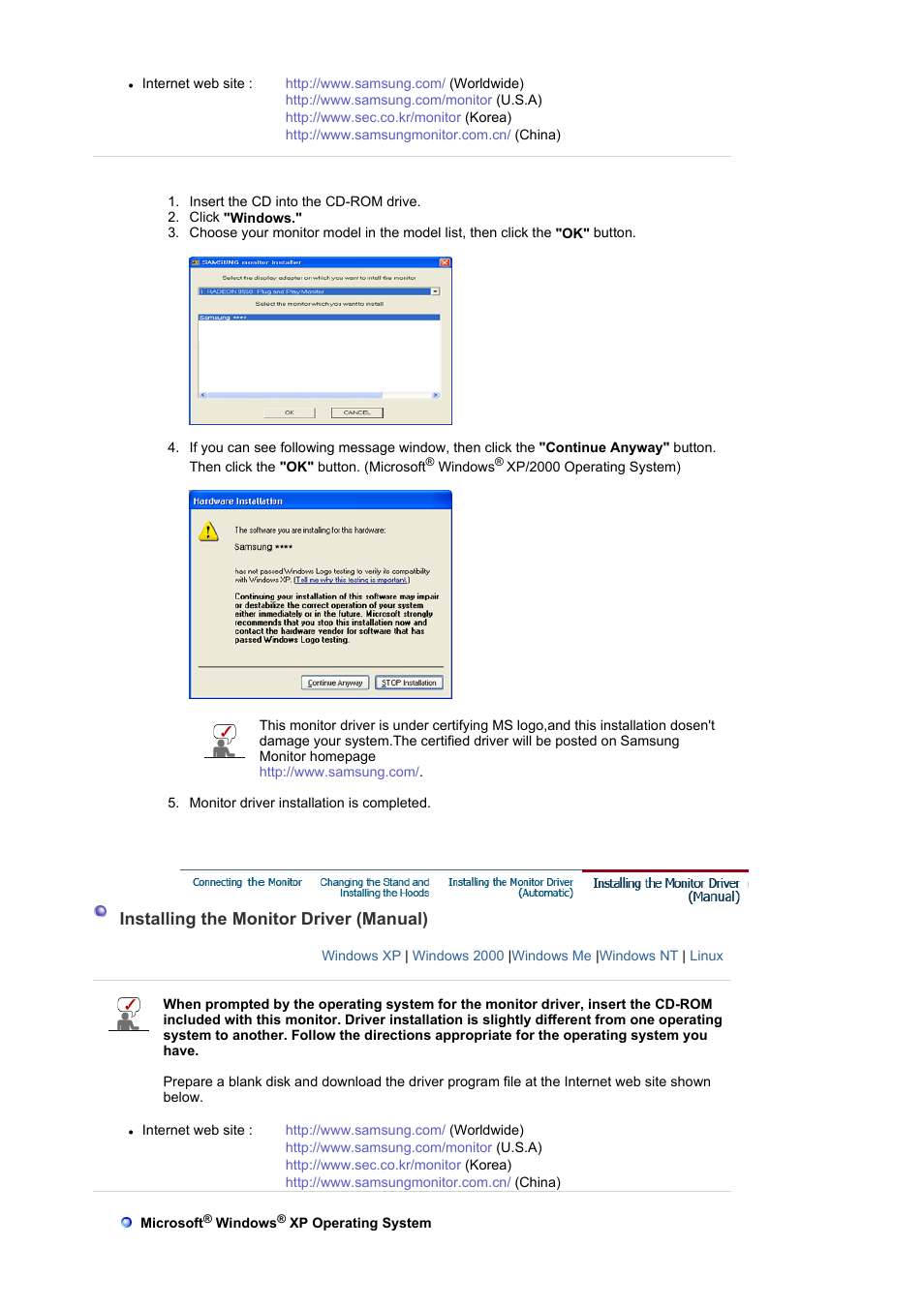 Installing the monitor dtiver(manual) | Samsung SyncMaster XL20 User Manual | Page 21 / 76