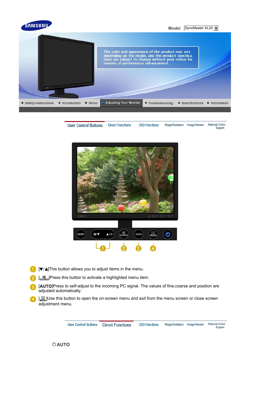 Adjusting your monitor, User control buttons, Direct functions | Samsung SyncMaster XL20 User Manual | Page 26 / 76