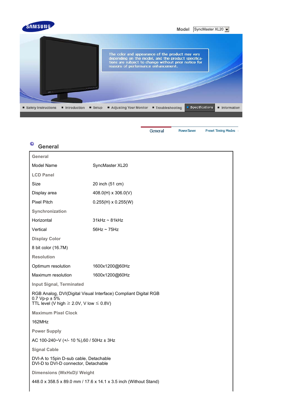 Specifications, General | Samsung SyncMaster XL20 User Manual | Page 66 / 76
