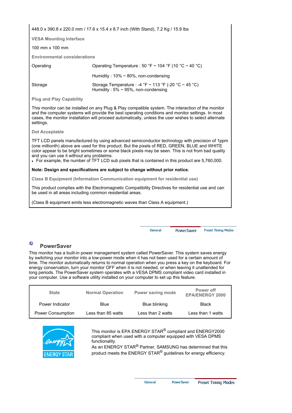 Powersaver, Preset timing modes | Samsung SyncMaster XL20 User Manual | Page 67 / 76