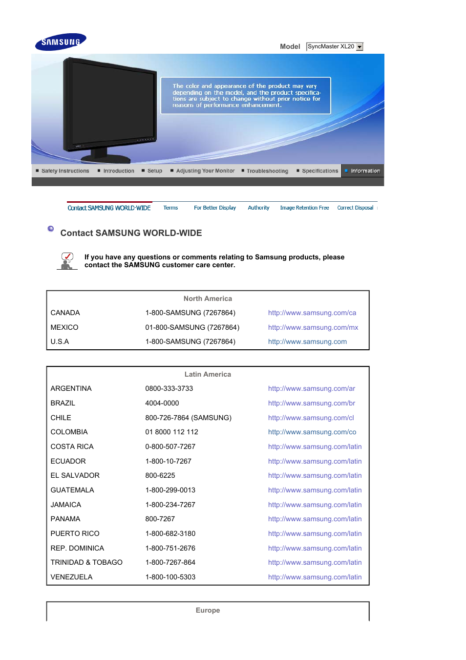 Information, Contact samsung world-wide | Samsung SyncMaster XL20 User Manual | Page 69 / 76