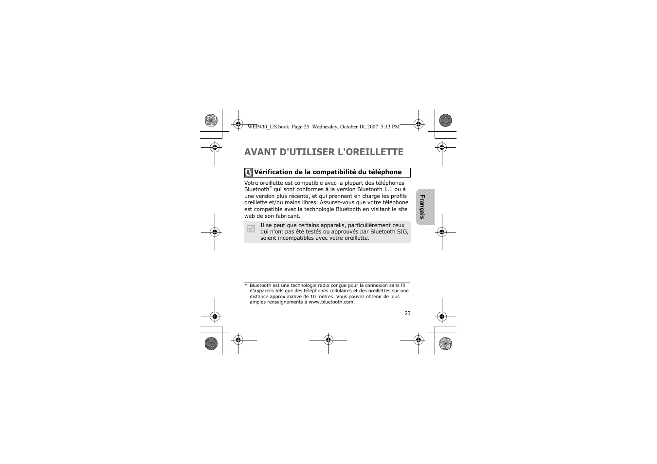 Avant d'utiliser l'oreillette | Samsung WEP430 User Manual | Page 28 / 96