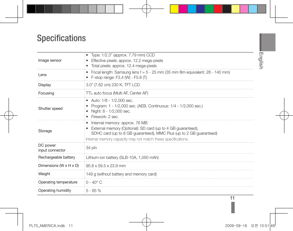 Specifications, English | Samsung PL70 User Manual | Page 11 / 32