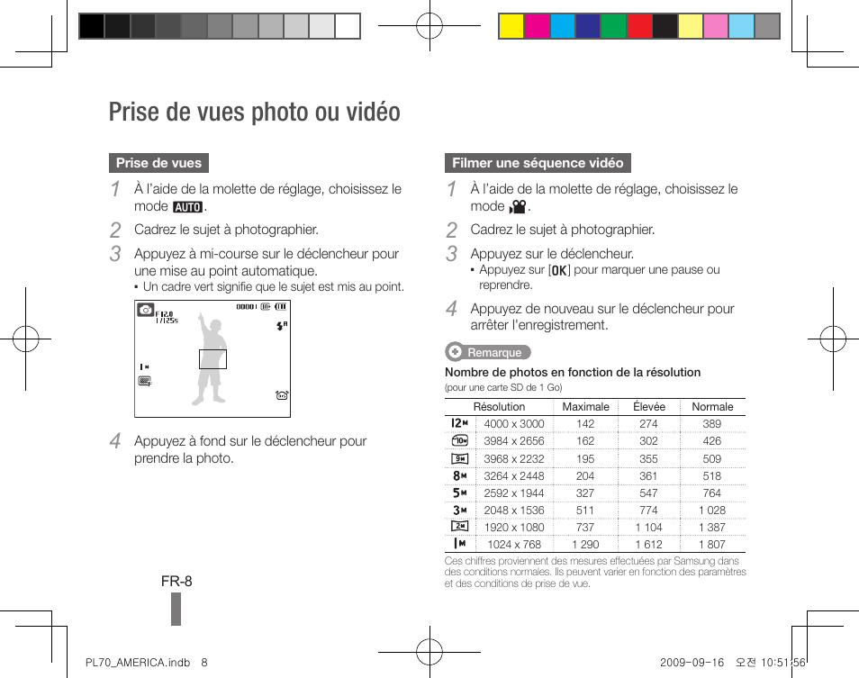 Prise de vues photo ou vidéo | Samsung PL70 User Manual | Page 28 / 32