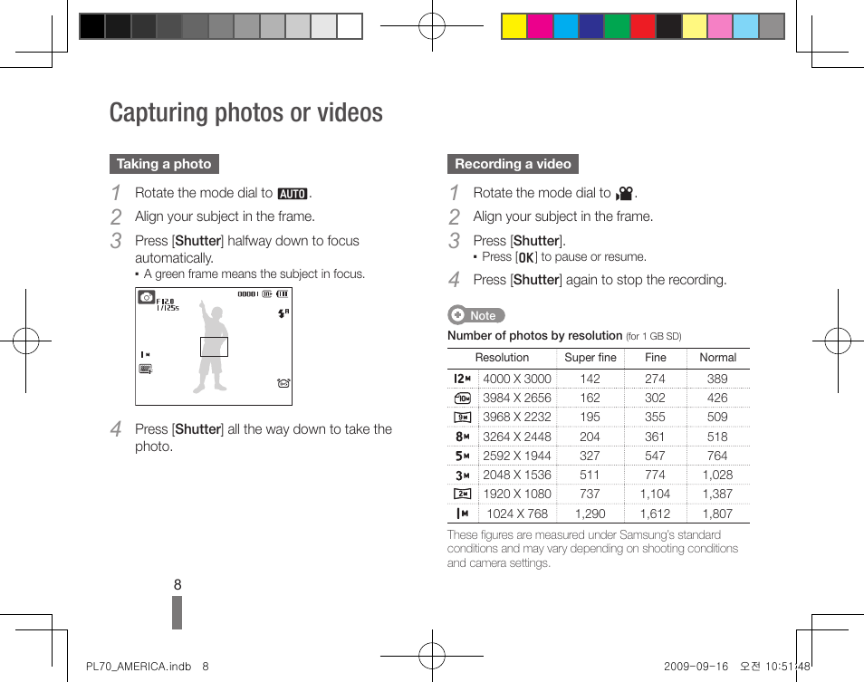 Capturing photos or videos | Samsung PL70 User Manual | Page 8 / 32