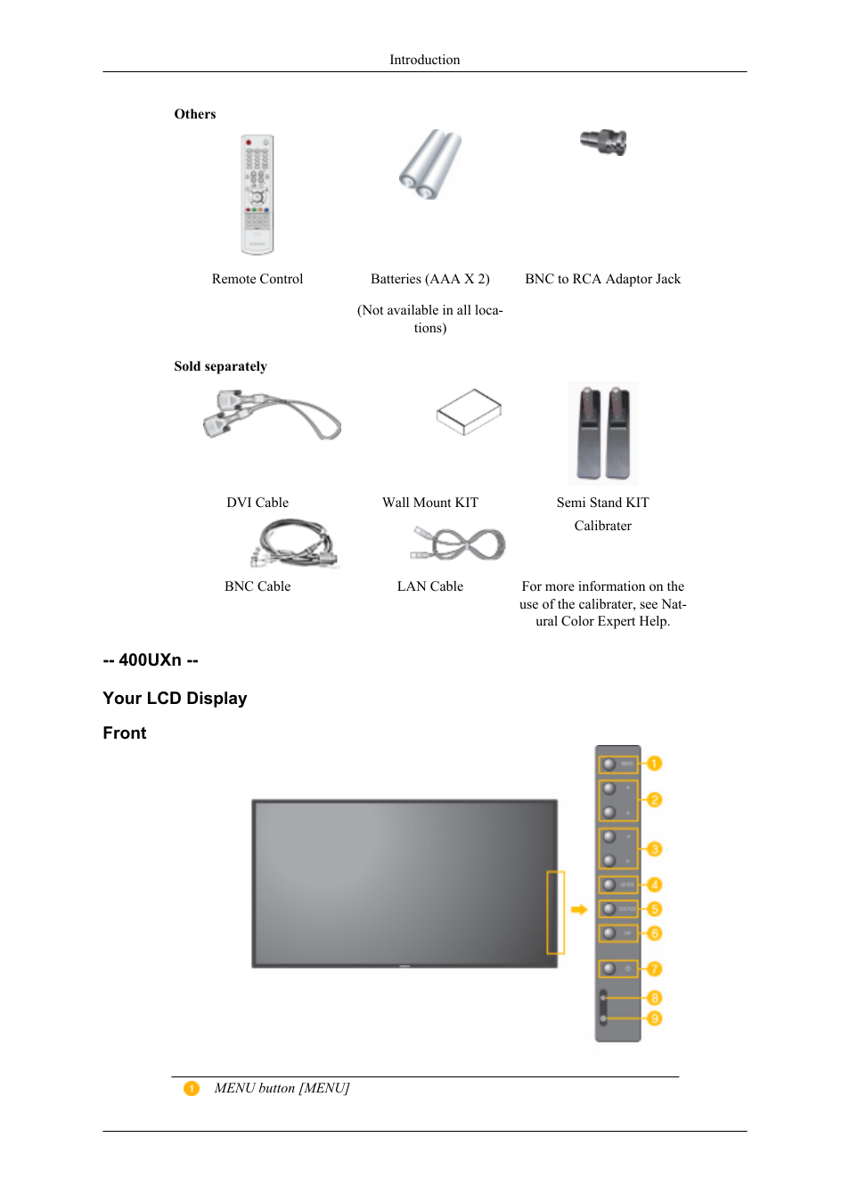 Uxn -- your lcd display, Front | Samsung 400UXN User Manual | Page 10 / 127