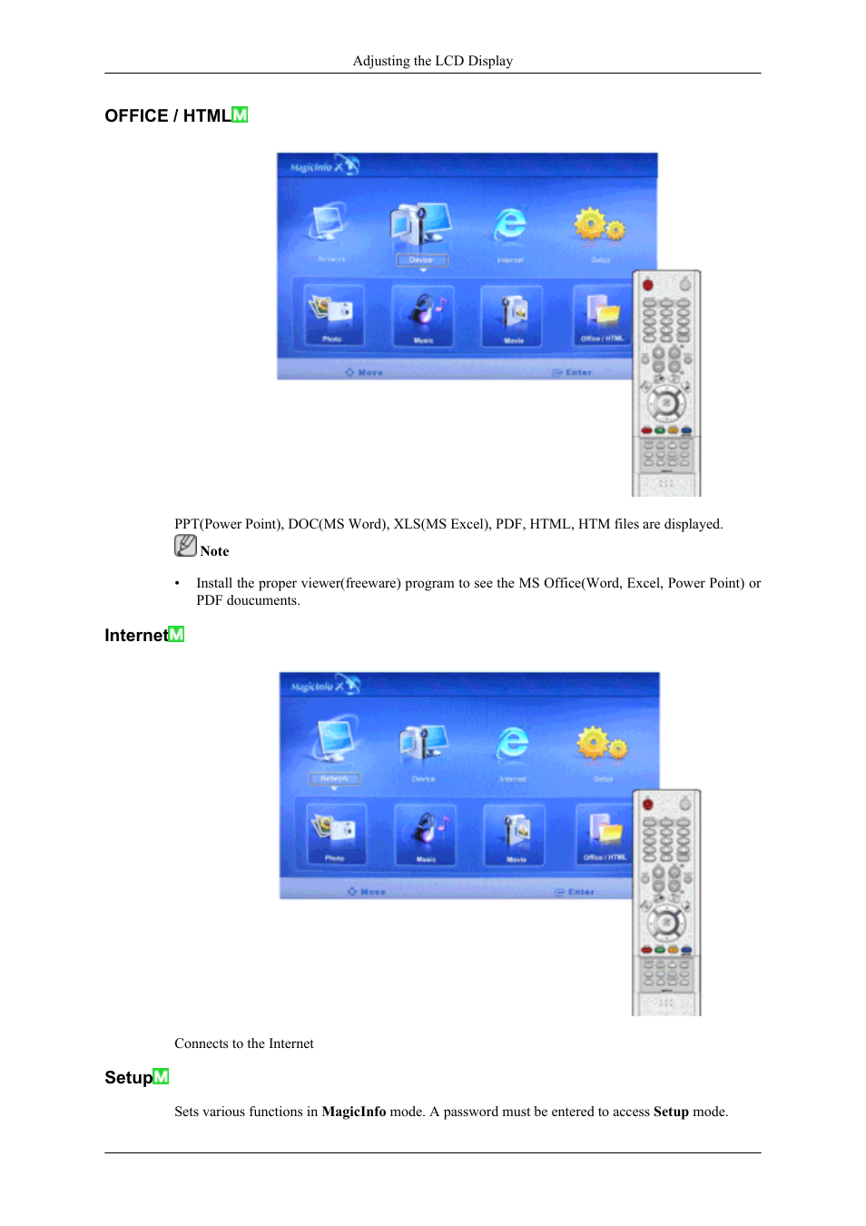 Office / html, Internet, Setup | Samsung 400UXN User Manual | Page 100 / 127