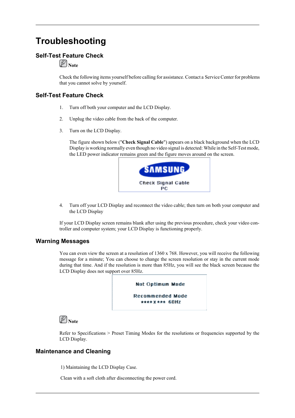 Troubleshooting, Self-test feature check, Warning messages | Maintenance and cleaning | Samsung 400UXN User Manual | Page 105 / 127