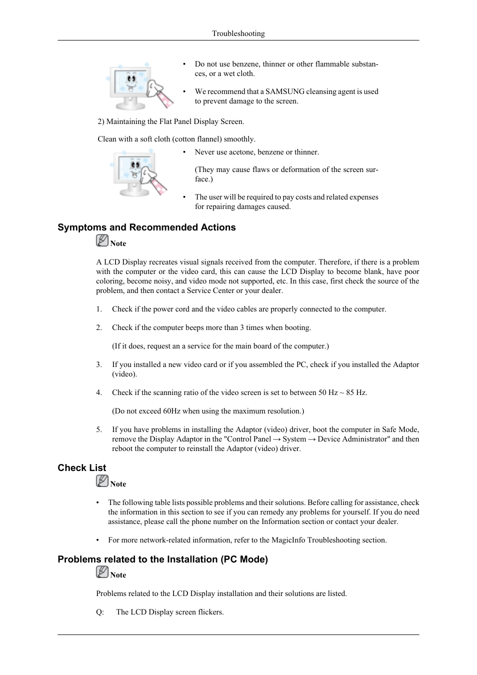 Symptoms and recommended actions, Check list, Problems related to the installation (pc mode) | Samsung 400UXN User Manual | Page 106 / 127