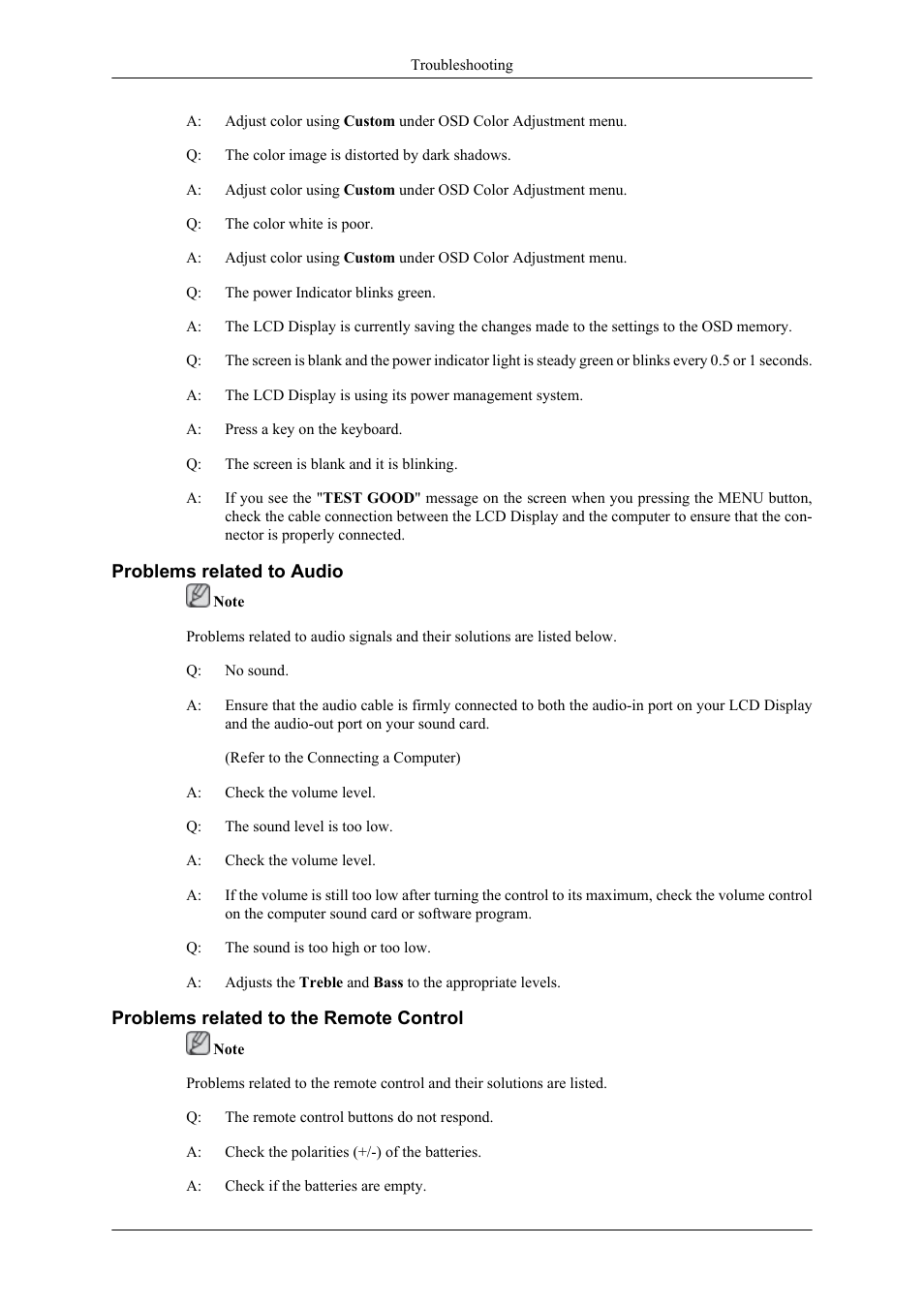 Problems related to audio, Problems related to the remote control | Samsung 400UXN User Manual | Page 108 / 127