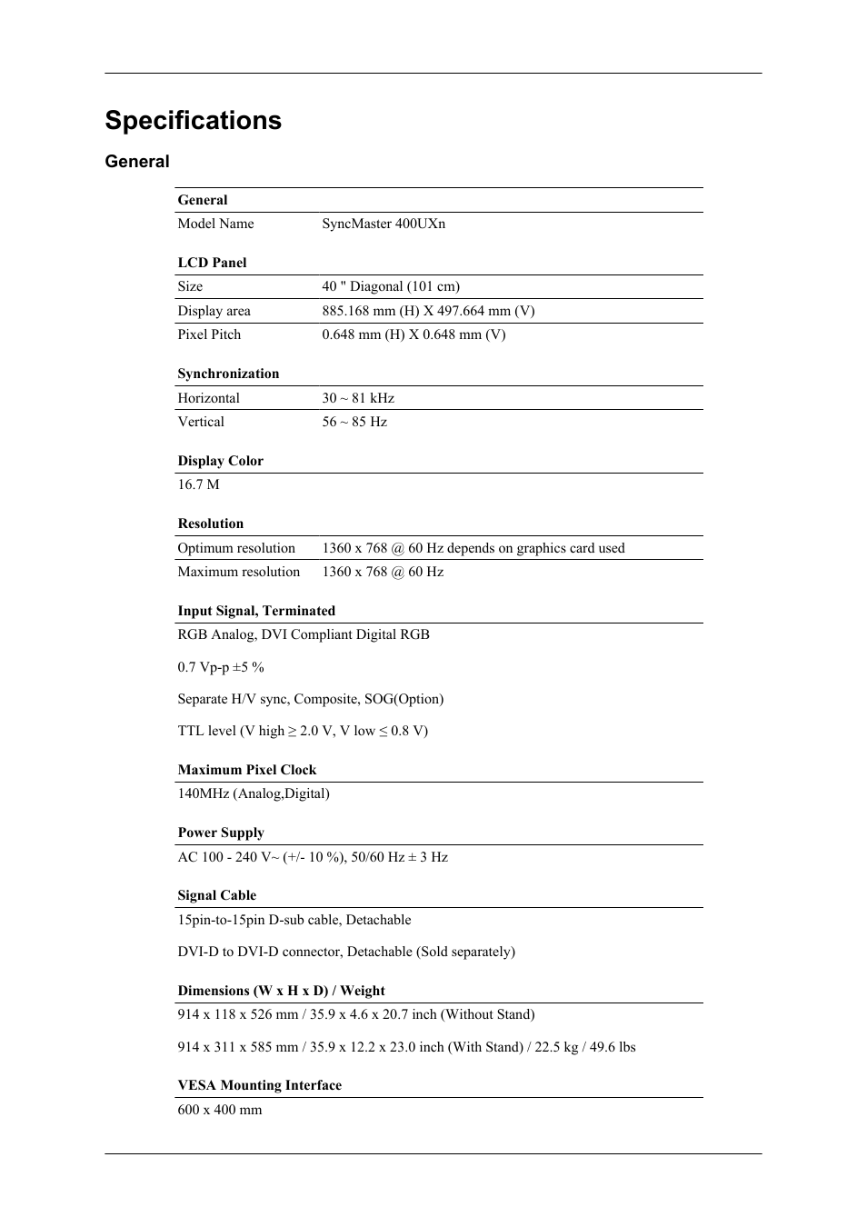 Specifications, 400uxn, General | Samsung 400UXN User Manual | Page 111 / 127