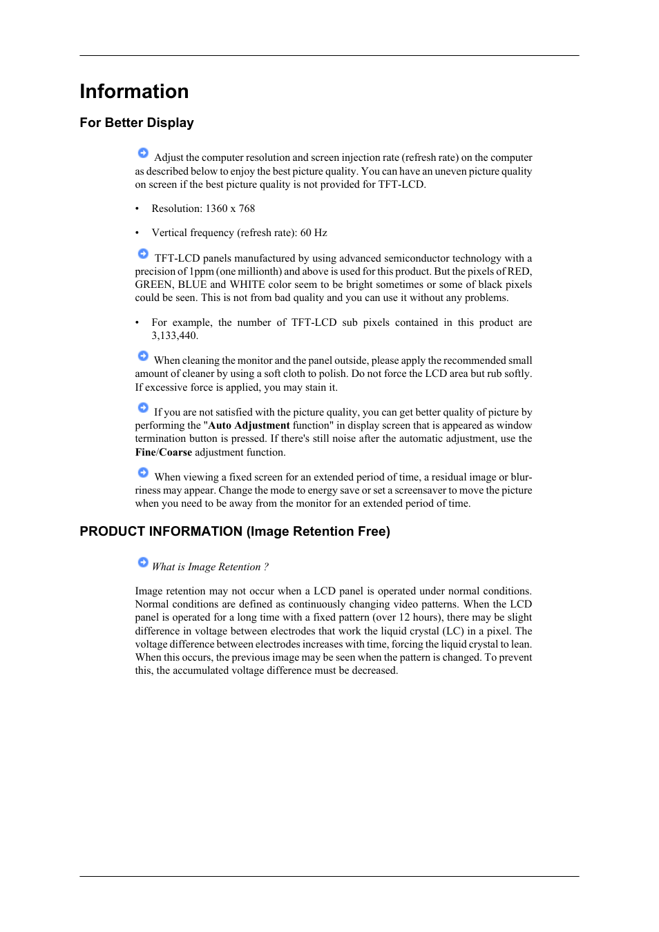 Information, For better display, Product information (image retention free) | Samsung 400UXN User Manual | Page 119 / 127