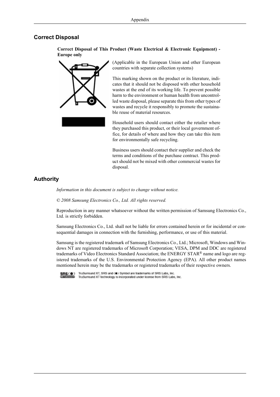 Correct disposal, Authority | Samsung 400UXN User Manual | Page 127 / 127