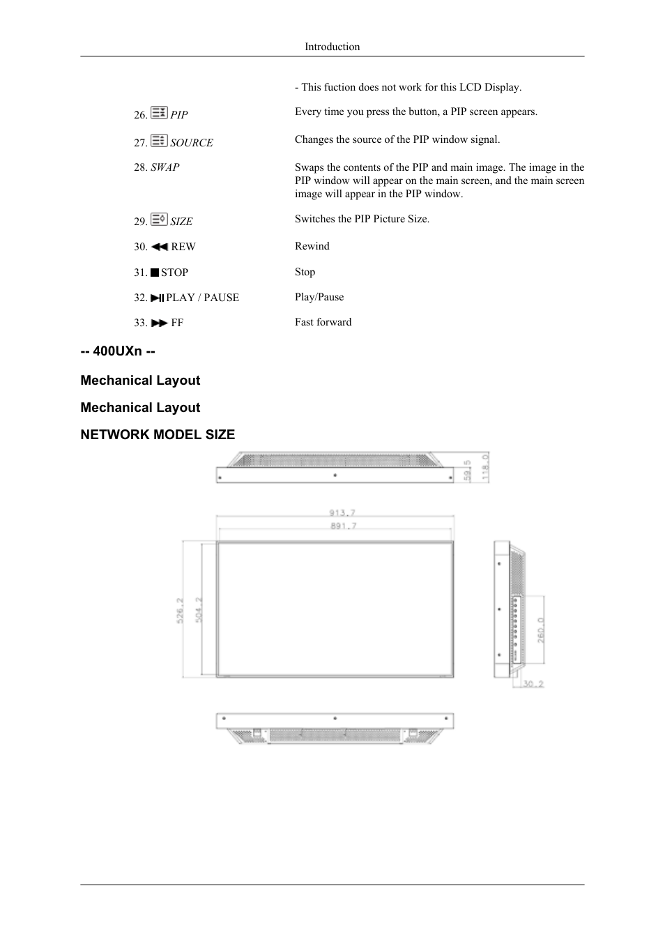 Uxn -- mechanical layout, Mechanical layout, Network model size | Samsung 400UXN User Manual | Page 18 / 127