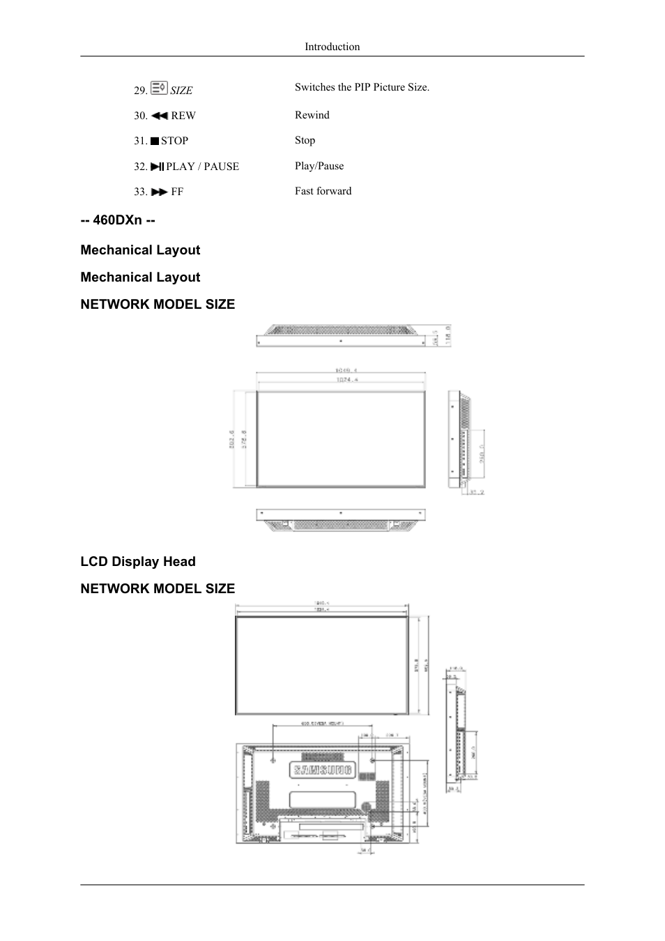 Dxn --mechanical layout, Mechanical layout, Network model size | Lcd display head | Samsung 400UXN User Manual | Page 34 / 127