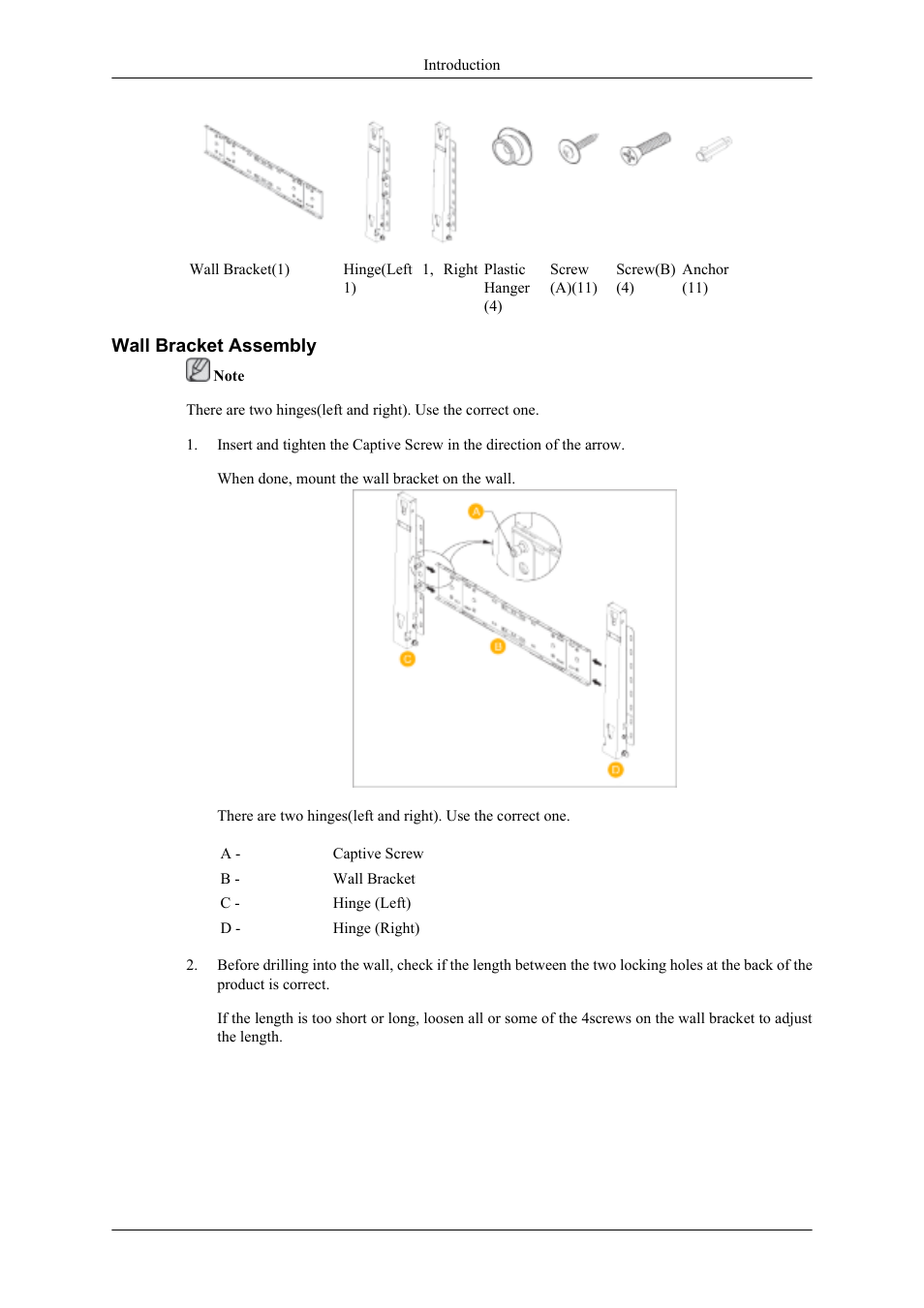 Wall bracket assembly | Samsung 400UXN User Manual | Page 36 / 127