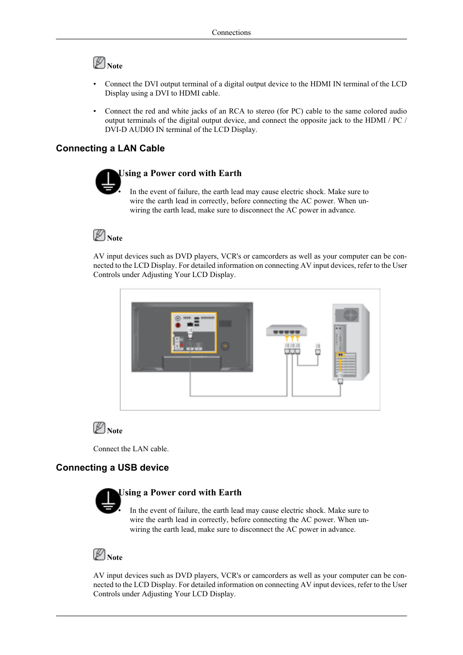 Connecting a lan cable, Connecting a usb device | Samsung 400UXN User Manual | Page 46 / 127