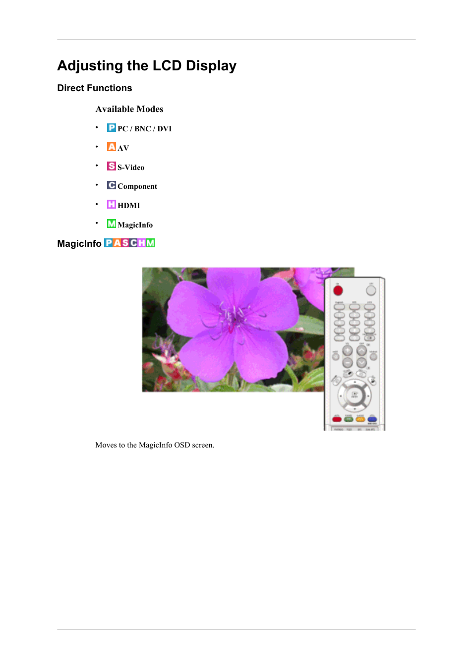 Adjusting the lcd display, Direct functions, Magicinfo | Samsung 400UXN User Manual | Page 52 / 127