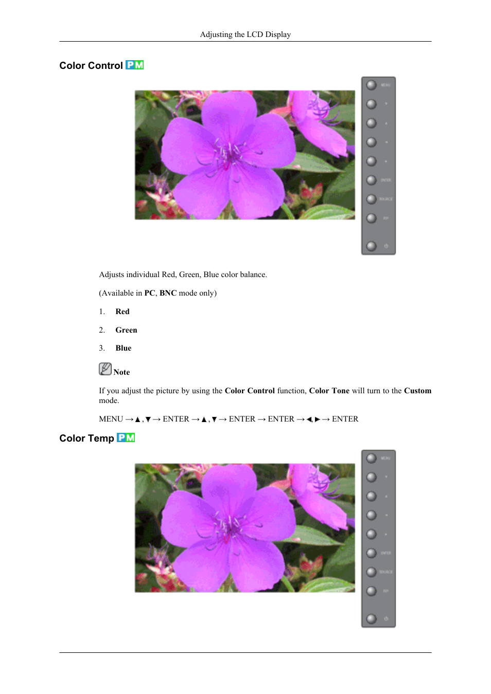 Color control, Color temp | Samsung 400UXN User Manual | Page 63 / 127