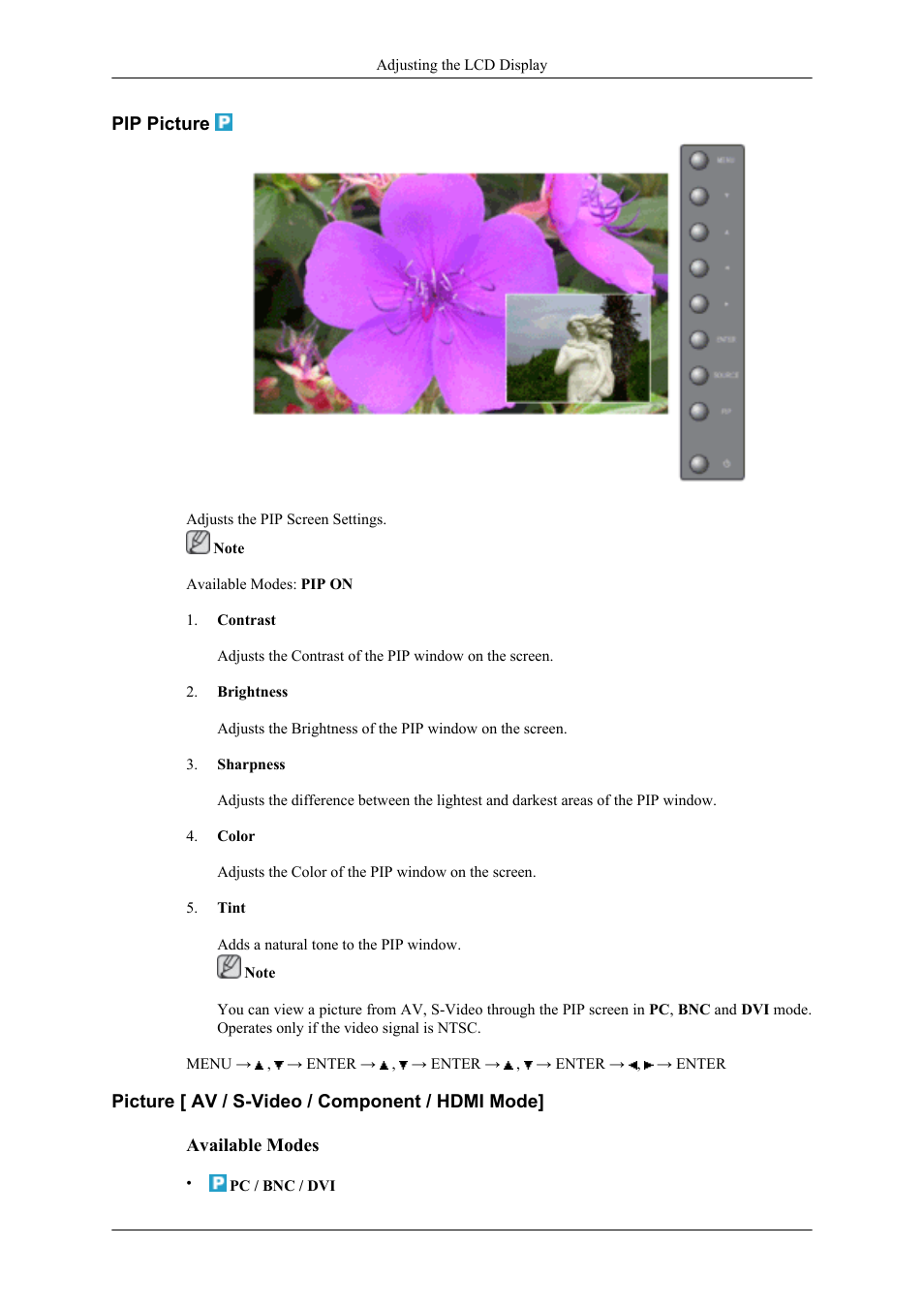 Pip picture, Picture [ av / s-video / component / hdmi mode | Samsung 400UXN User Manual | Page 68 / 127