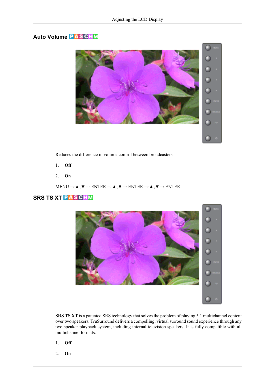 Auto volume, Srs ts xt | Samsung 400UXN User Manual | Page 77 / 127