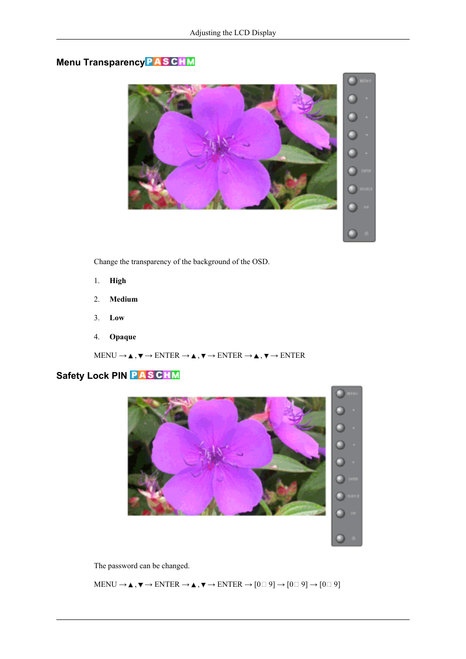 Menu transparency, Safety lock pin | Samsung 400UXN User Manual | Page 82 / 127