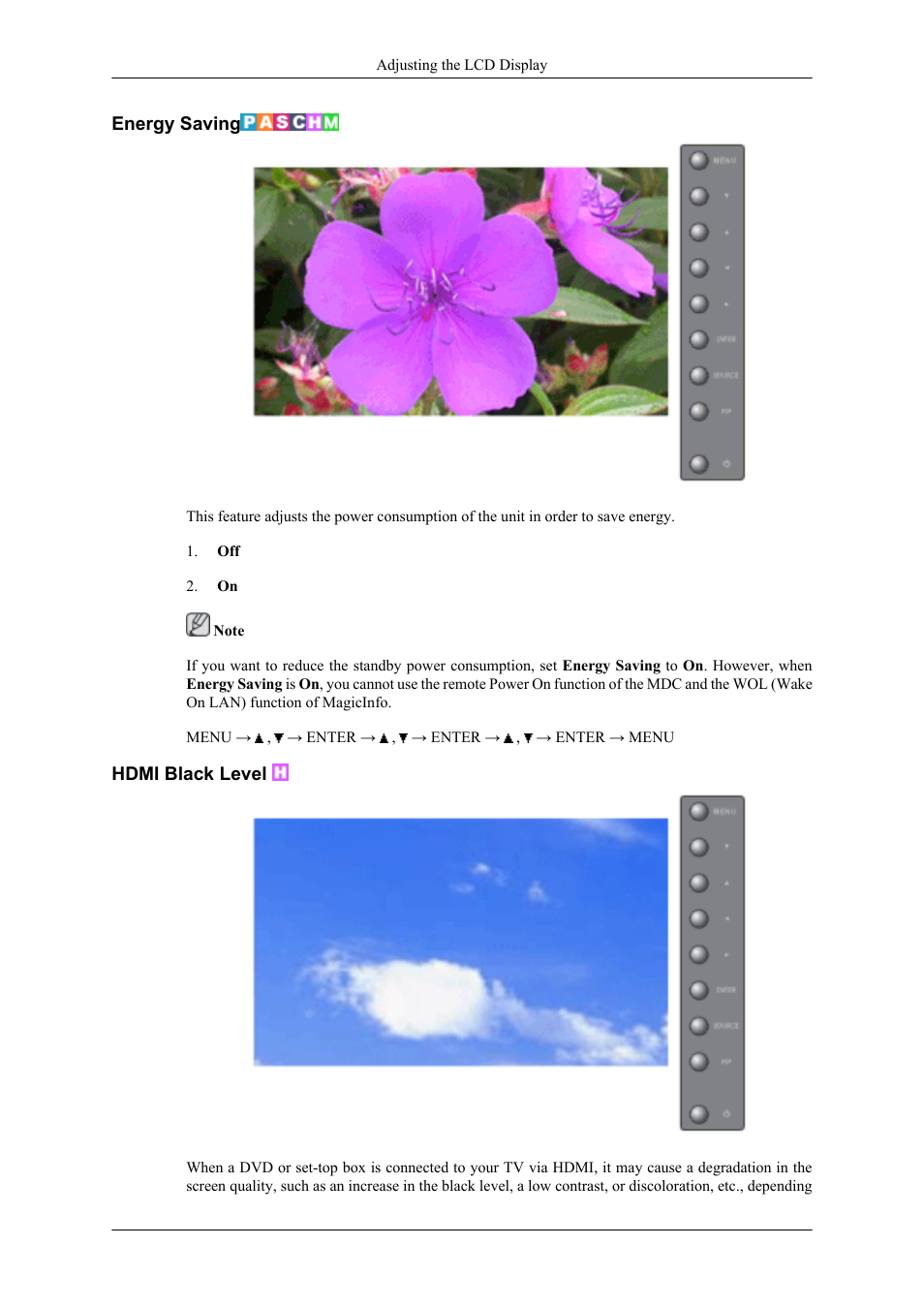 Energy saving, Hdmi black level | Samsung 400UXN User Manual | Page 83 / 127